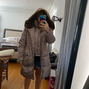 T Tahari Puffer Trench with Faux Fur Hood